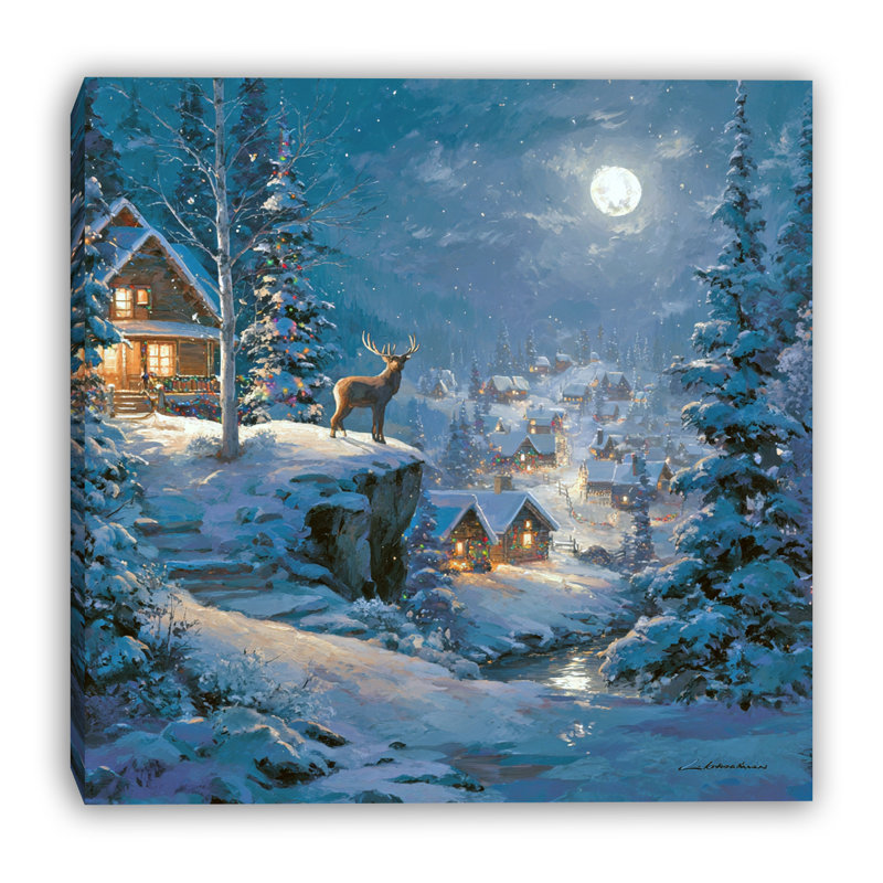 «Moonlit Deer Over Winter Village», art mural sur toile tendue, 20 po x 20 po