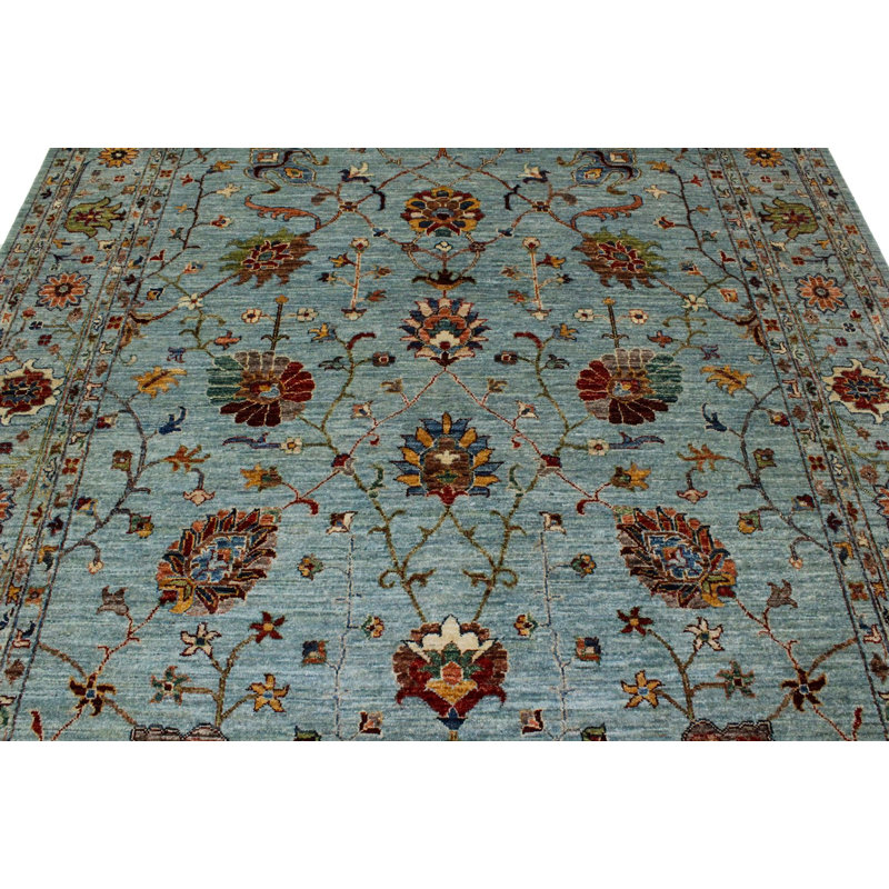 Tapis tribal turc 7 x 7 po bleu et multicolore