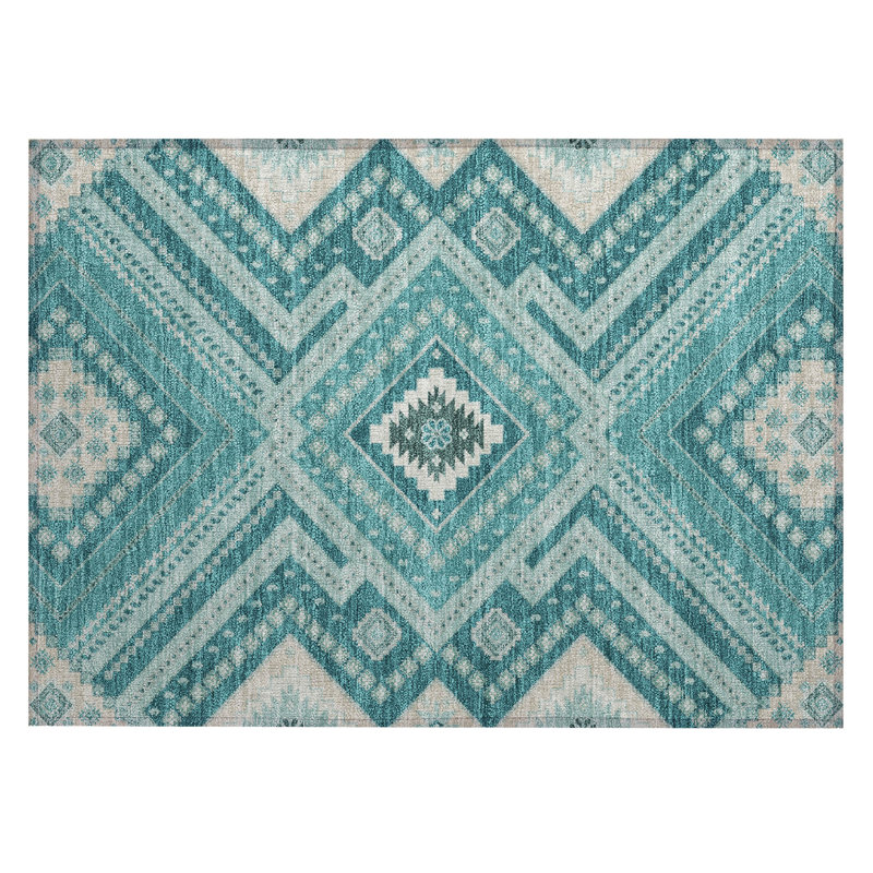 Teal Flat Woven Rectangular Synthetic Washable Rug