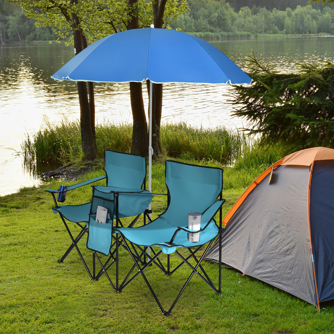 Ahmarie Portable Folding Picnic Double Chair W/umbrella Table Cooler Beach Camping Turquoise Arlmont & Co. 