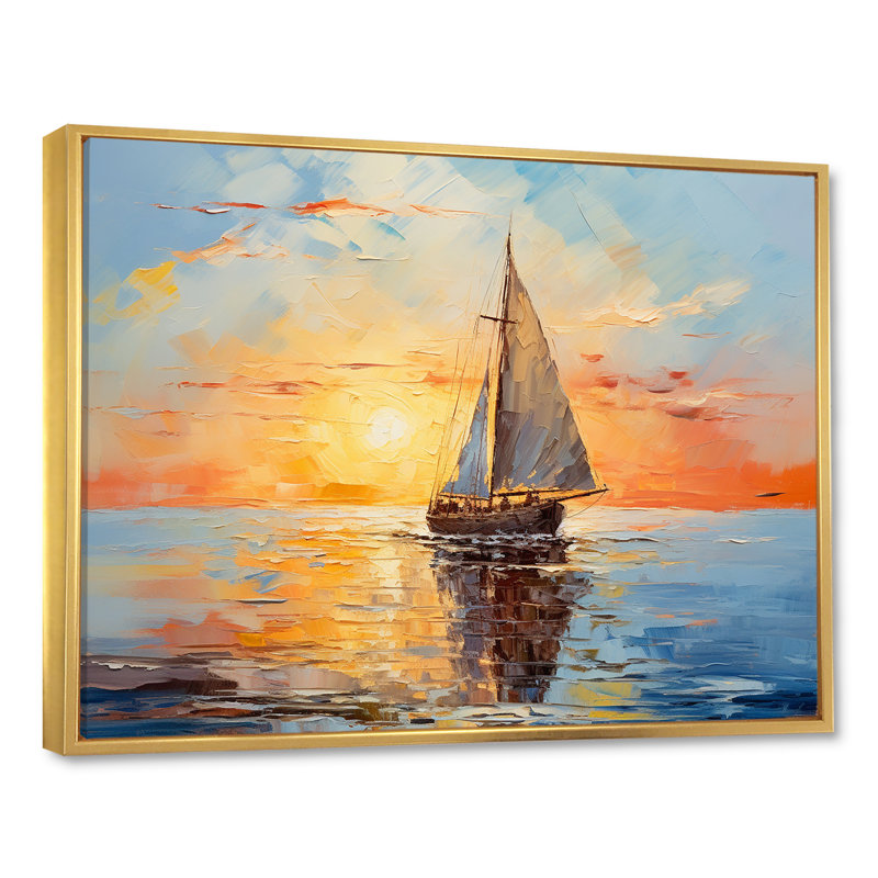 Coucher de soleil orange sur un bateau I - bateau à voile, art mural, Cadre flottant doré, H 30 po x l 40 po x P 1,5 po