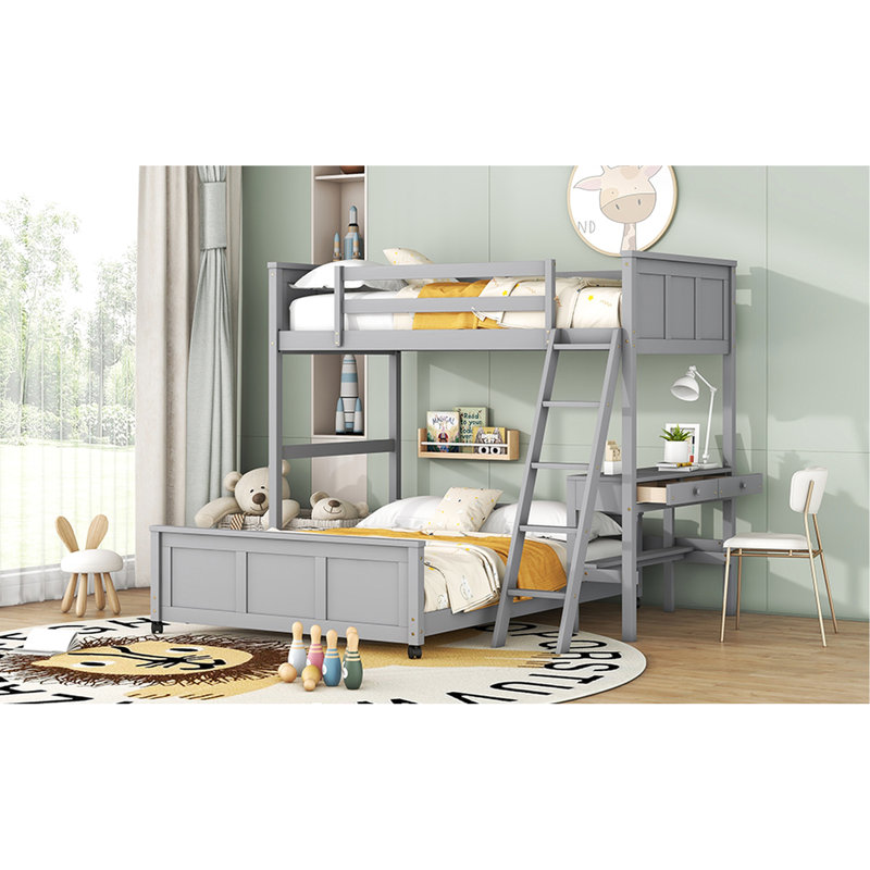 Lit simple superposé au-dessus d'un lit double avec bureau dans un abat-jour gris - Bois massif et construction pour chambre à coucher moderne