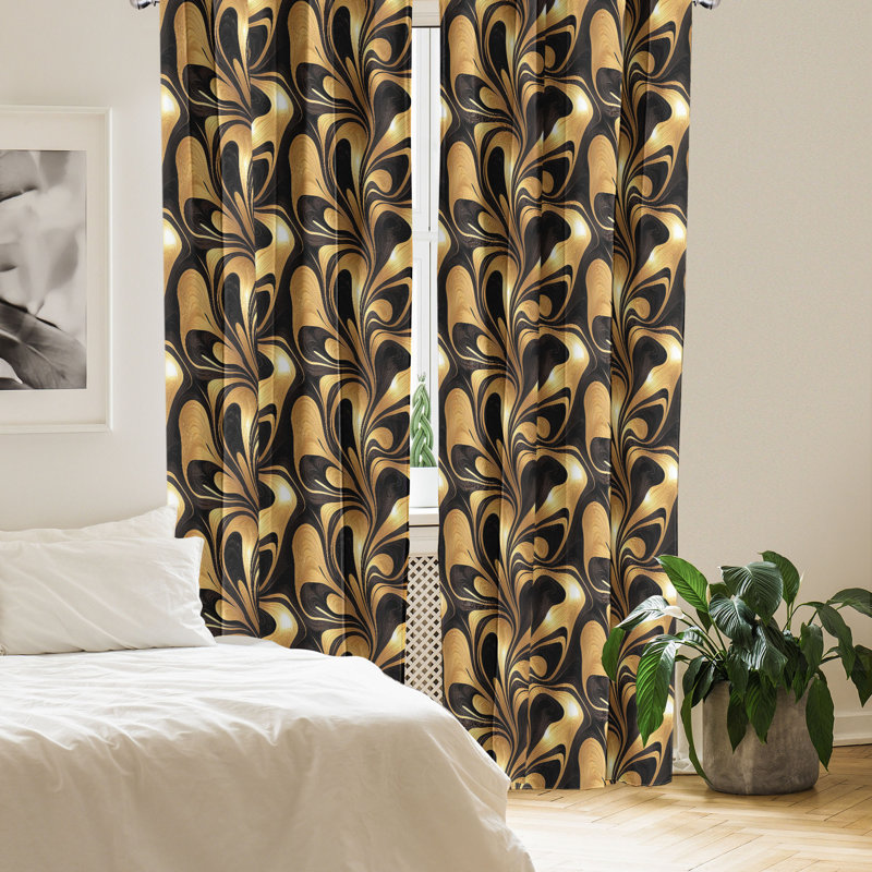 Abstract Black and Gold Room-Darkening Microfiber Curtain Panels