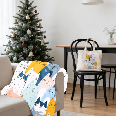 Christmas Pastel Multi-Cat 2-Piece Cozy Gift Set: 40x50 Inch Flannel Blanket + 15.75x13.78 Inch Canvas Tote – Festive Holiday Pet-Themed Home Decor Bundle