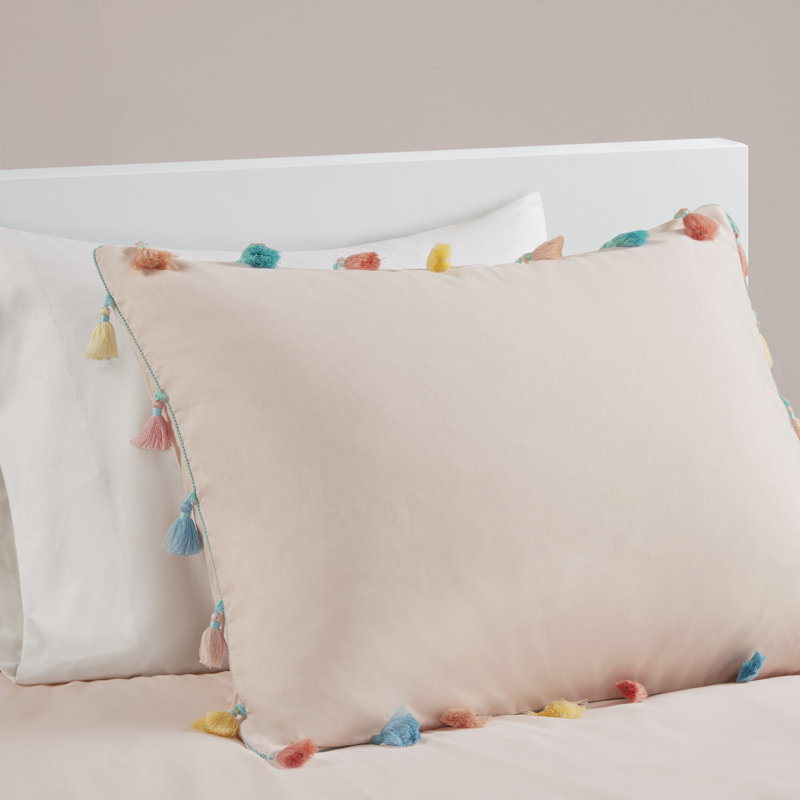 Tessa Blush Multi-Color Tassel 4-Piece Full/Queen Comforter Set, Full/Queen Comforter + 2 Shams + 1 Pillow, Blush