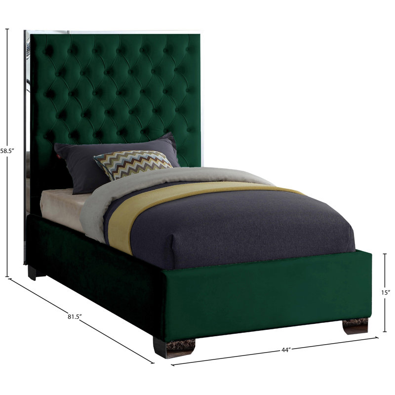 Spadaro Upholstered Platform Bed, Green Velvet, Silver, Twin