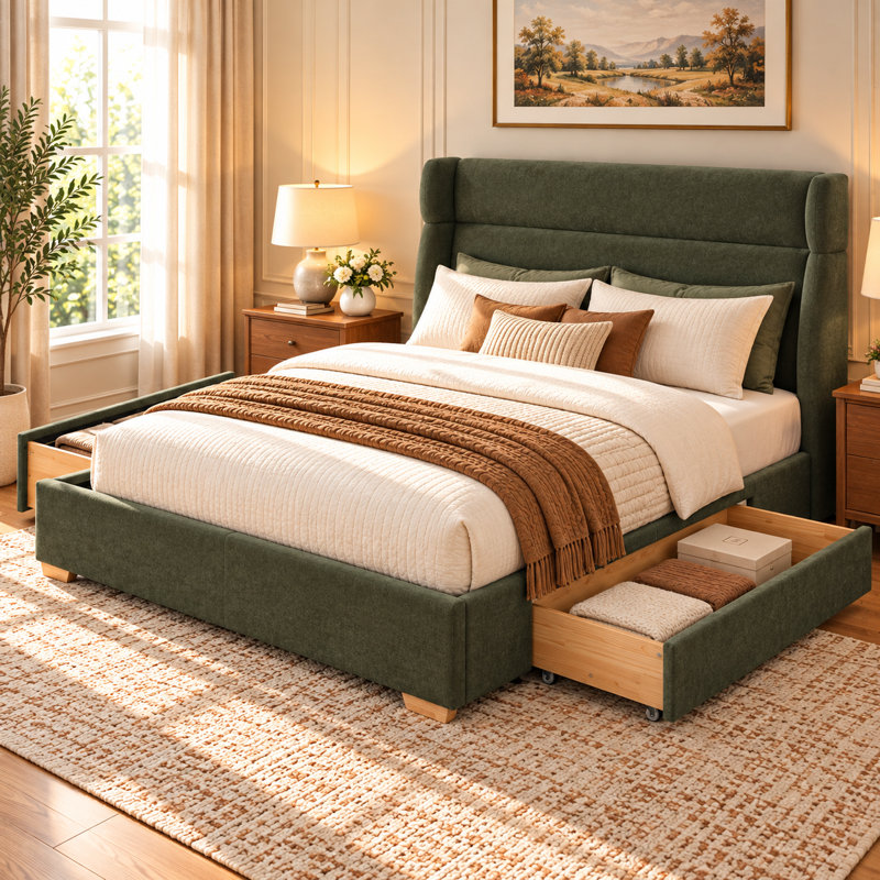 Clausen Upholstered Bed, Grand lit, Green
