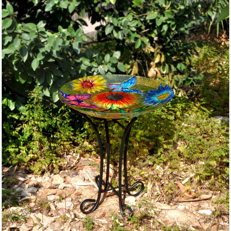  Solar Floral Glass Butterfly Bird Bath with Stand