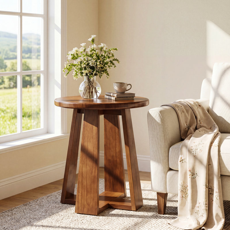 Solid Wood Round End Table, Mid-Century Modern Side Table