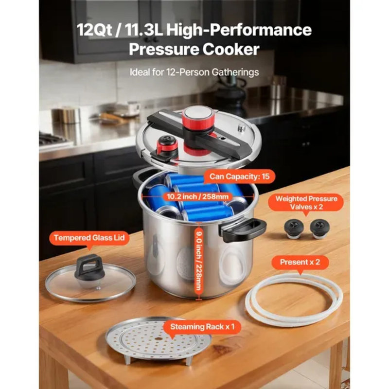 Autocuiseur de 12 pte, cocotte en acier inoxydable avec grille de cuisson à la vapeur et couvercle en verre trempé, trois réglages de pression (jusqu'à 100 kpa) pour les sauces à soupe de haricots et de riz
