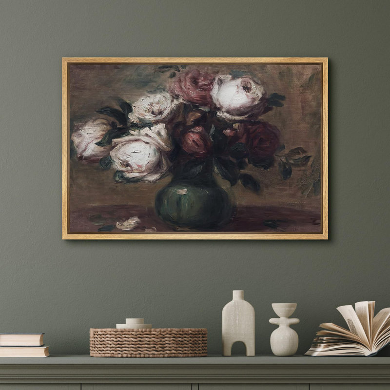 Roses fantaisistes dans un vase vert, illustrations, campagne française rustique, H 36 po x l 24 po, Naturel