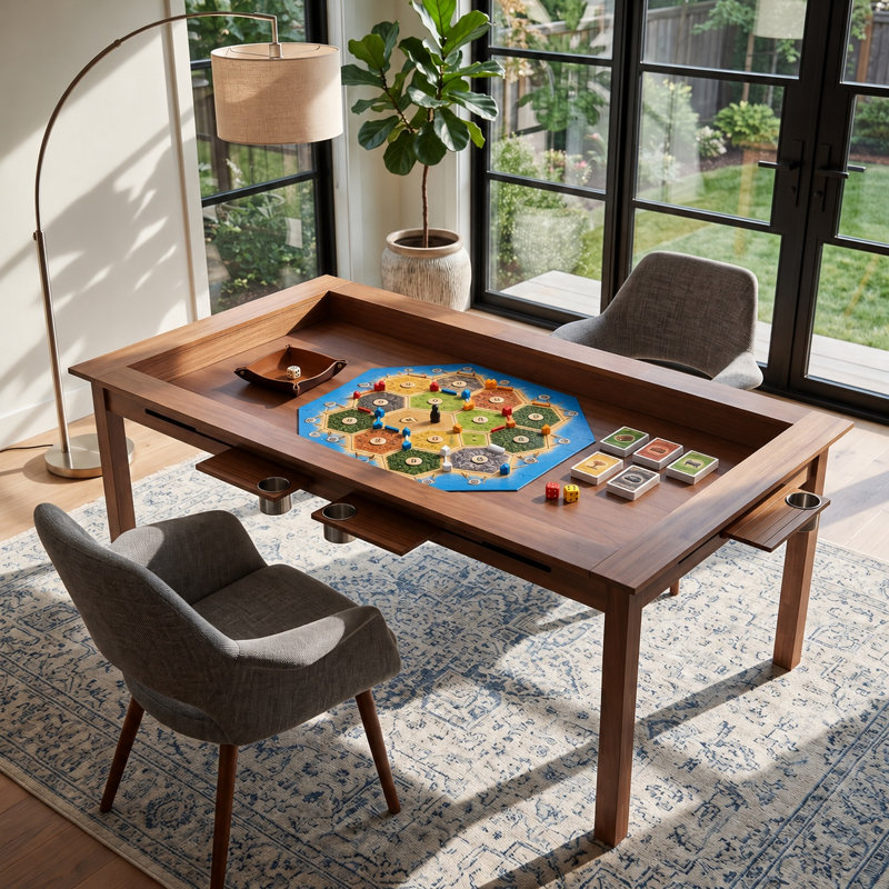 78.7" W Solid Wood Board Game Table with 6 Cup Holders & Accessory Trays, Walnut Finish Multi-Purpose Gaming Dining Table