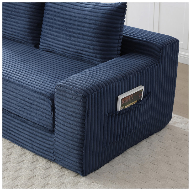 Cloud Collection 73" W x 35.1" D x 32.5" H Memory Foam Corduroy Convertible Loveseat Sofa Bed, Solid Wood, Navy Corduroy