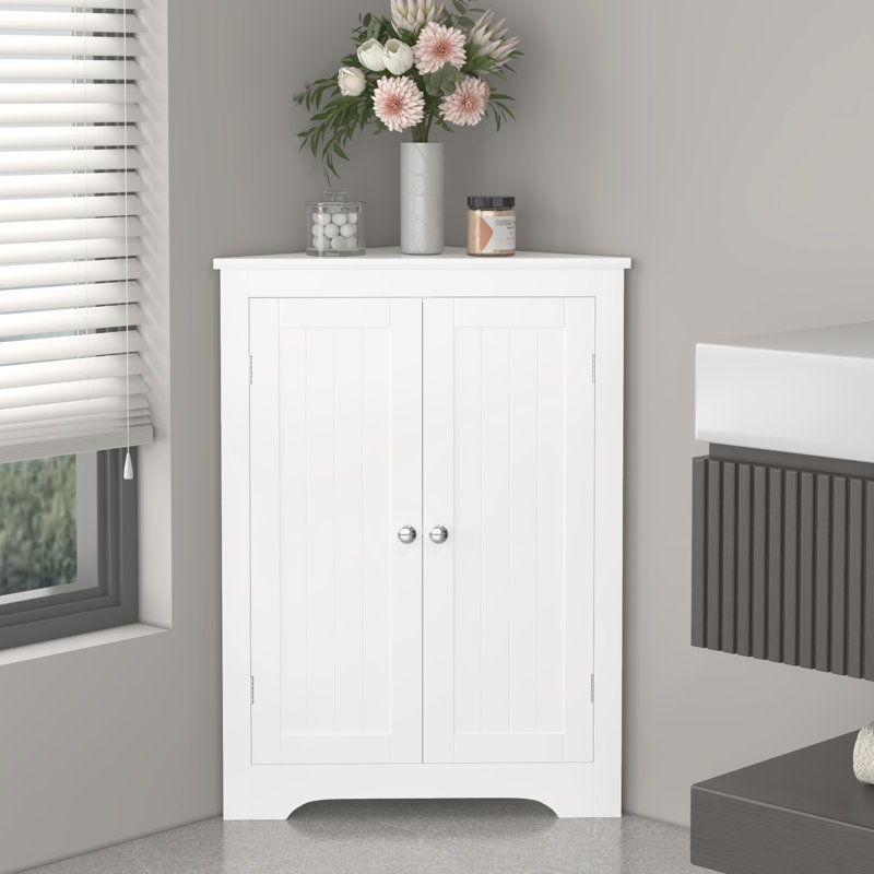 White Corner Cabinet With 2 Doors And Adjustable Shelf - Freestanding For Bathroom, Kitchen, Living Room Sleek Storage In Inviting Organization Concept