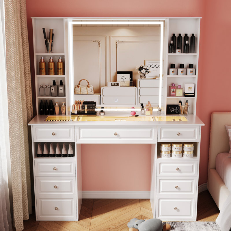 Ensemble de meuble-lavabo avec très grand miroir lumineux, coiffeuse avec 9 tiroirs, meuble-lavabo de style européen, meuble-lavabo à luminosité réglable pour la chambre à coucher (blanc-a)
