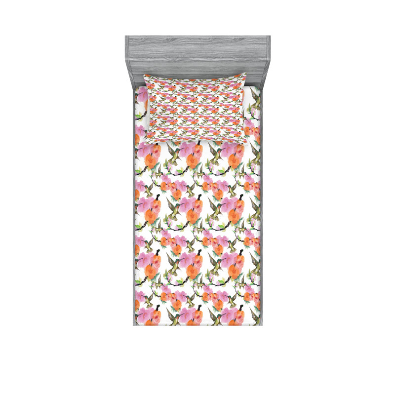 Multicolore ensemble de draps et taies décoratives Hummingbird Ambesonne, Ensemble de draps pour lit simple avec deux taies 