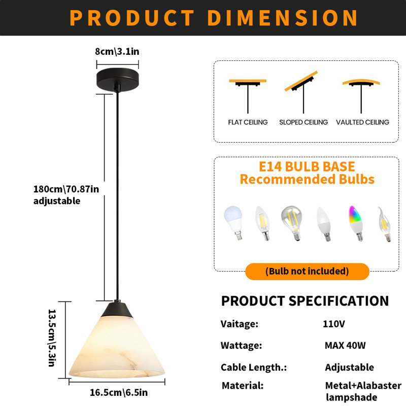 Luminaire suspendu naturel en albâtre naturel