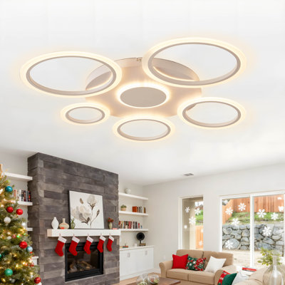 34"Modern 5 Ring LED Chandelier, Flush Mount Ring Ceiling Light with Remote, Dimmable Contemporary Ceiling Lighting Fixture for Living Room Bedroom