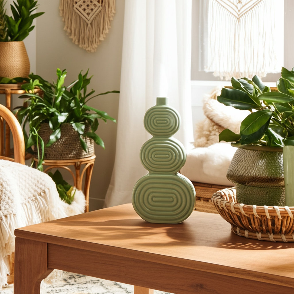 Alorie Ceramic Table Vase, Circles Green, 12" H x 6" W x 3" D