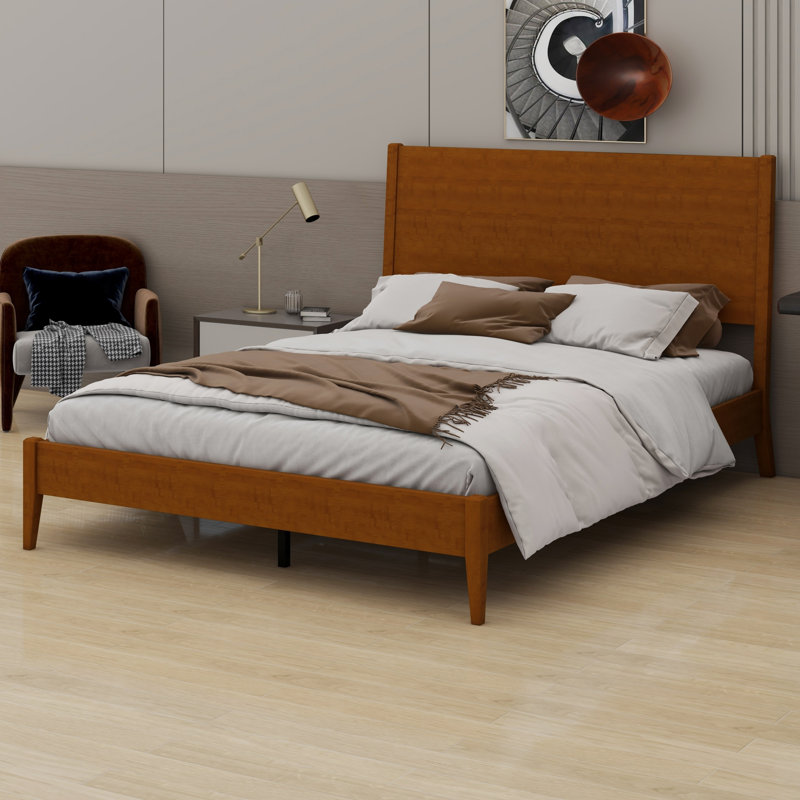 Structure de lit moderne en bois rustique, lattes de bois stables et support en métal, Walnut, Queen