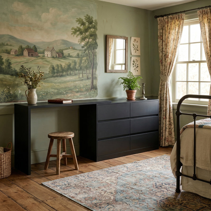 Ameyaa 6 Drawer 51.2" W Double Dresser, Black
