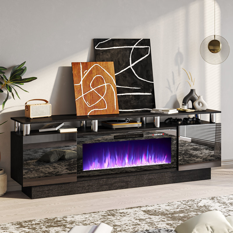 Meuble télé avec foyer électrique Alazik, Noir / argenté, Black, 24”H x 14”L x 70”W