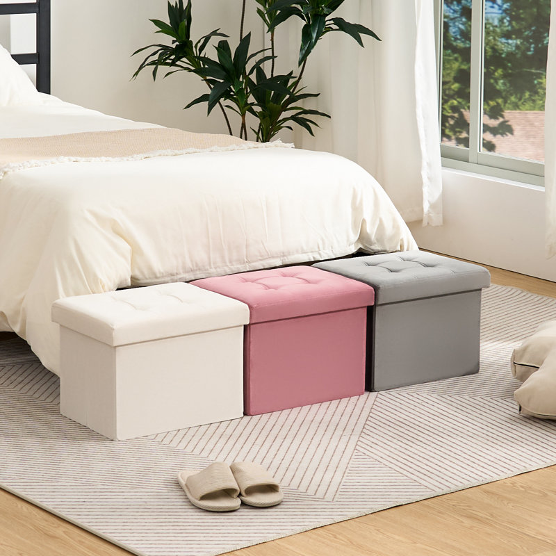 Banc de chambre pliant en velours avec rangement, Gris, H 12,2 po x l 16,1 po x P 12,2 po