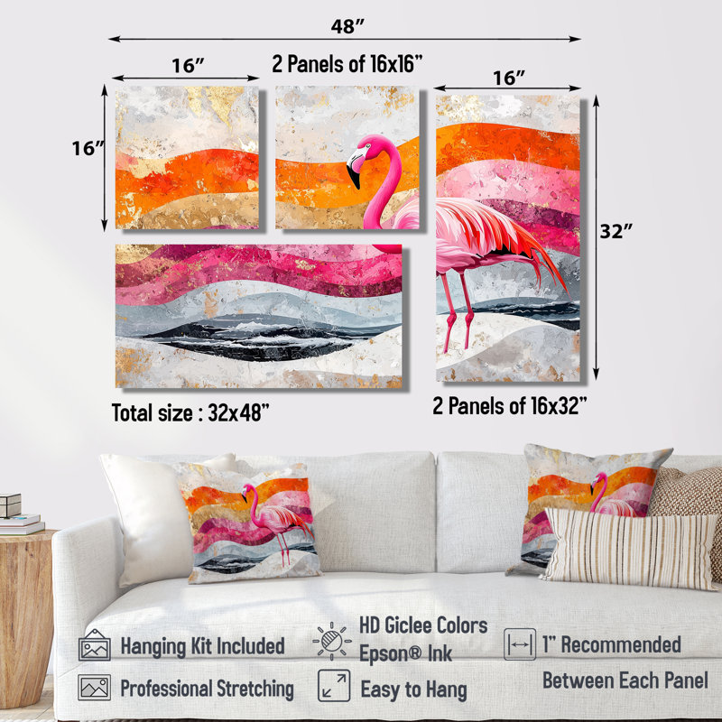 Or rose, flamant rose sur un paysage de plage audacieux I - animaux, reproduction d'art sur toile 4 pièces, Doré