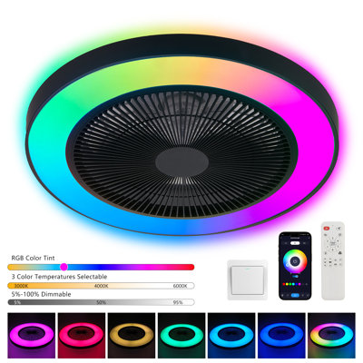 Ventilateur de plafond 19 po moderne RVB avec lumière et télécommande, ventilateur encastré à profil bas Smart Fandellier, 6 vitesses, moteur à courant continu