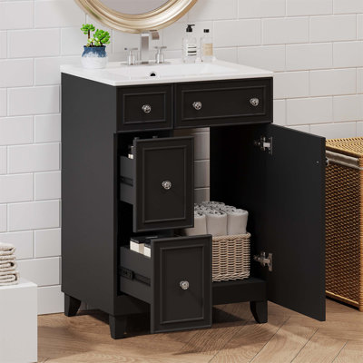 Meuble-lavabo de 24 pouces avec lavabo en céramique, 2 tiroirs, 1 porte, conception compacte et durable