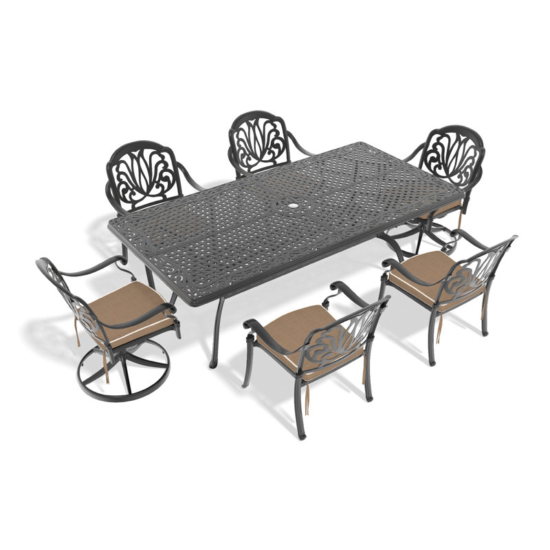 Ensemble de salle à manger 7 pièces en fonte d'aluminium toutes saisons comprenant 2 chaises pivotantes, 6 chaises et une table rectangulaire avec cadre noir (même SKU: W1710S00421)
