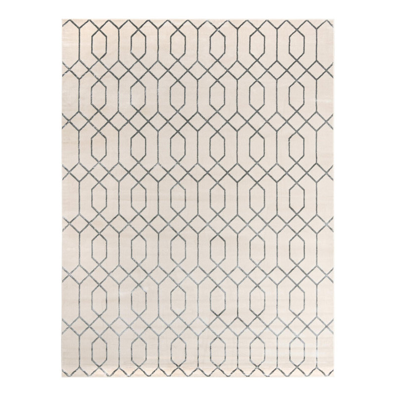 Glam Geometric White Silver Area Rug, Rectangle 10' x 13'1"