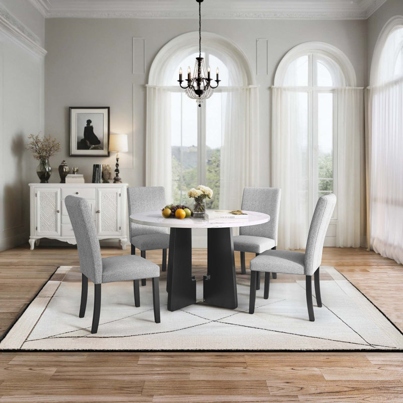 5-Piece Round Dining Table Set, White, Gray