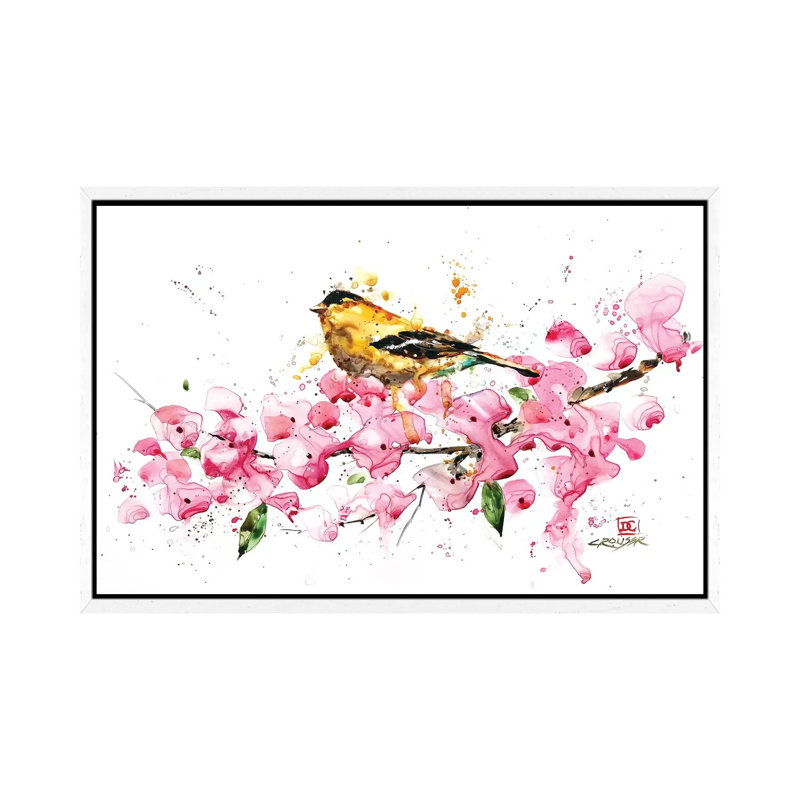 Bird And Cherry Blossoms by Dean Crouser - Painting on Canvas, White Framed, 66.04 cm H x 45.72 cm W