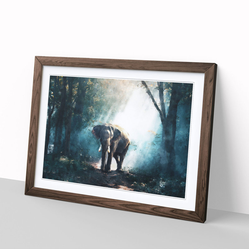 Elephant Roaming in a Green Forest - Picture Frame Graphic Art Print, 62cm H x 87cm W x 2cm D, Walnut Framed