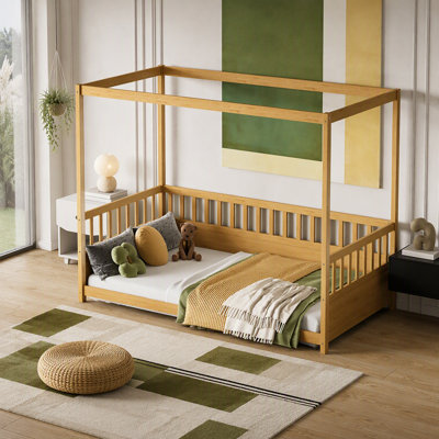 Twin Size Canopy Bed Frame with Guardrails for Kids, Four Poster Design, Ideal for Montessori Floor Bed, Creating a Cozy Sleeping Space for Girls and Boys