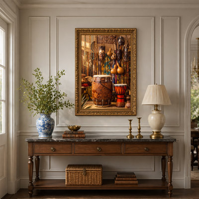 Carved Wooden Drum and Djembe with Hanging Masks and Beads Canvas Wall Art