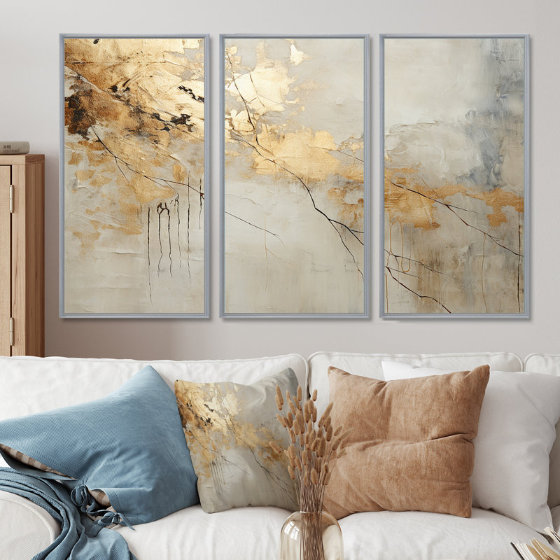 «Beige and Gold Marble Lightning VI», ensemble d'art mural formes abstraites, H 28 po x l 36 po x P 1 po, Encadrement argenté