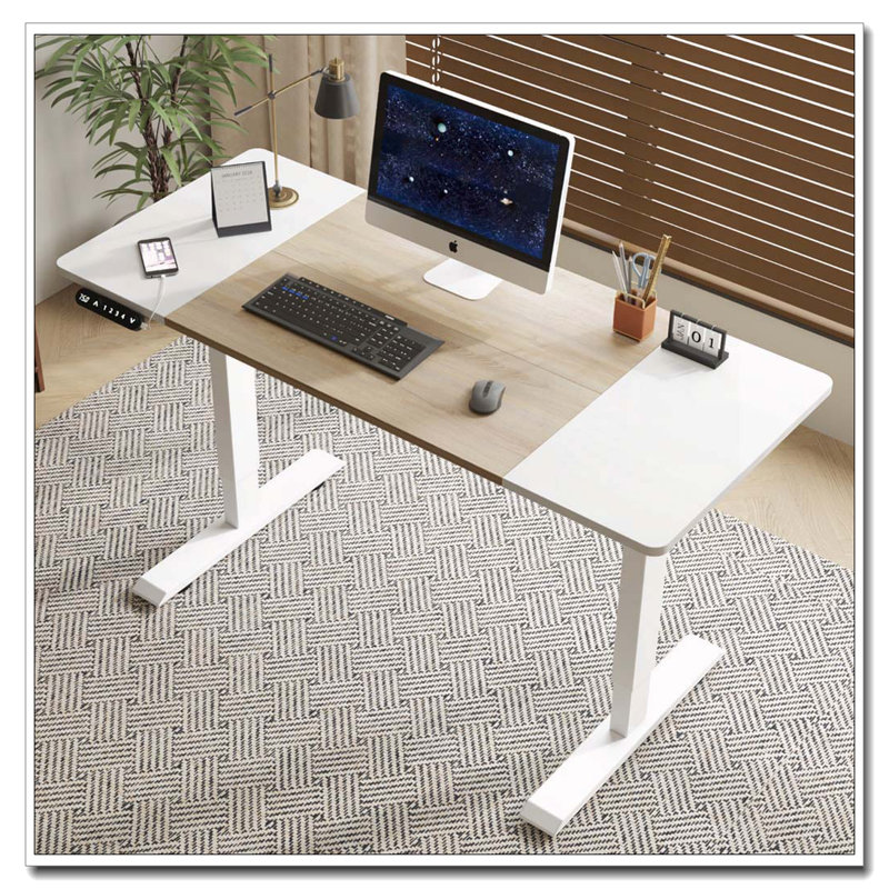 Bureau électrique à hauteur réglable, Bois de chêne naturel / blanc antique, H 24 po x l 47,2 po x P 24 po
