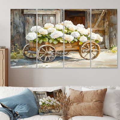 Ferme hortensias par le chariot en bois - décoration murale hortensia - Art mural traditionnel
