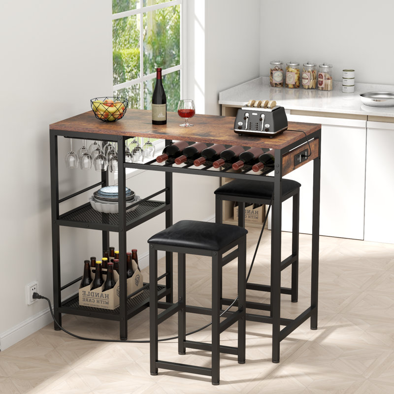 Bar Table and Chairs Set with Power Outlet, Pub Table and Chairs Set for 2 with 2 Storage Shelves, Brown