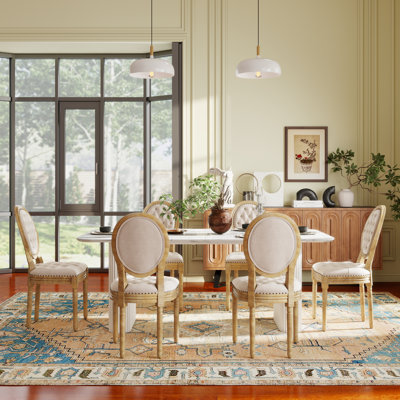 Mid-century Wood Rectangular Pedestal Dining Set with Velvet King Louis Back chairs Dininig Chair