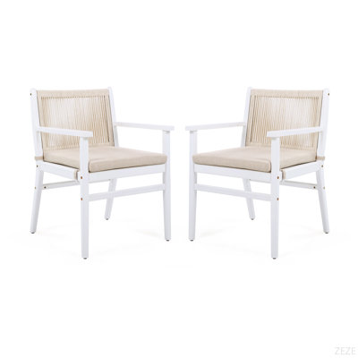 Ensemble de 2 chaises de salle à manger d'extérieur, fauteuil de patio en bois d'acacia avec dossier en corde et coussin hydrofuge, structure blanche, capacité de 400 lb