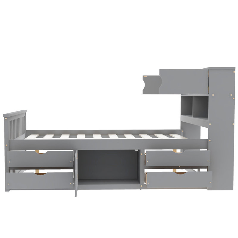 Structure de lit plateforme double pleine grandeur avec bibliothèques de rangement et tablettes, quatre tiroirs,, Gris