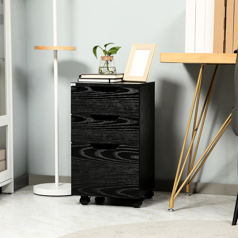Armoire 3 tiroirs à roulettes pour bureau, grain de bois noir, maximisez votre espace de rangement, idéal