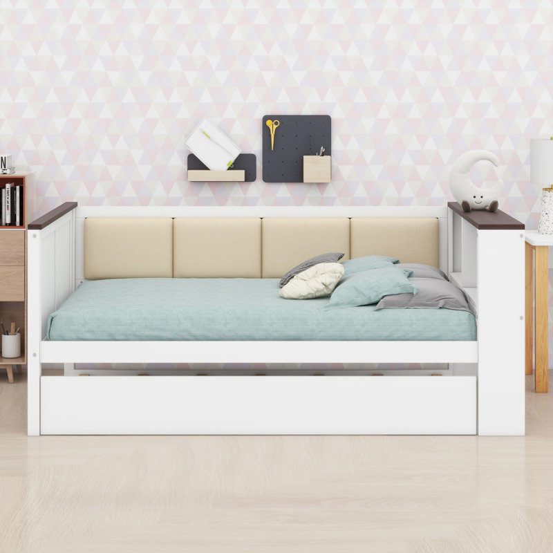 Wood Daybed With Storage Shelves, Upholstered Backrest,USB And Trundle, Twin
