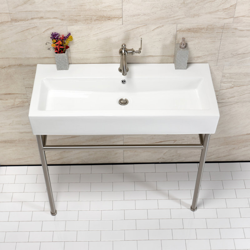 Kingston Brass New Haven 39-Inch Porcelain Console Sink with Stainless Steel Legs (1-Hole), White/Brushed Nickel