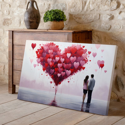 Toile, "Scène romantique" avec un couple debout main dans la main, art mural regardant un grand cœur fait de ballons flottants, art mural
