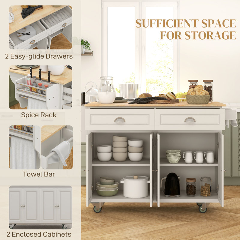 Cream White Wood Drop Leaf Kitchen Cart with Storage and Spice Rack