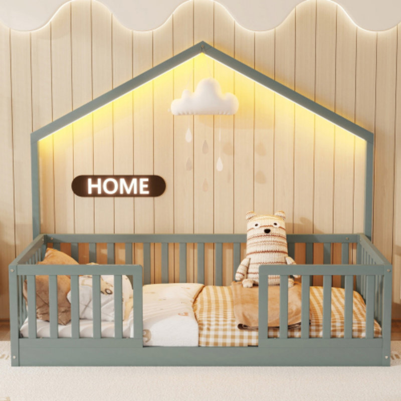 Lit moderne sur pied avec rails hauts, lit Montessori en bois avec lumière, Lit simple, Gris